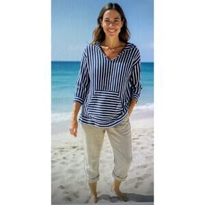 Lands End Womens 2X 20 22w Lightweight Hoodie Shirt Blue Striped beach vacation